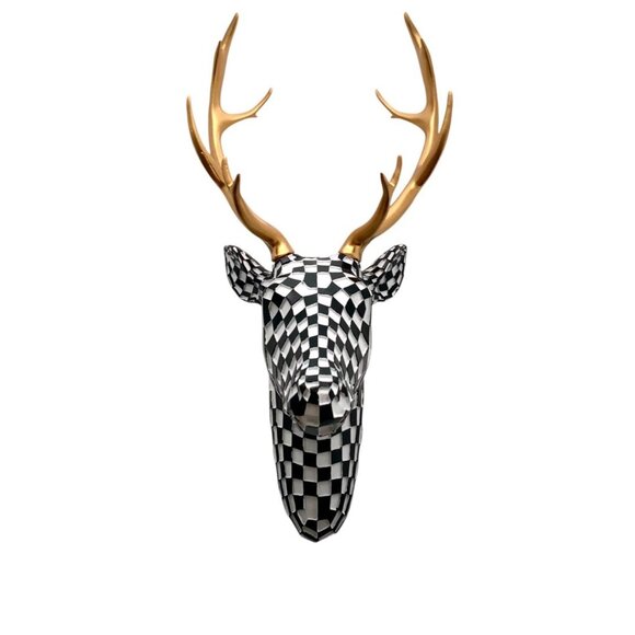 Deer Bust Resin Black and White Design Faux Stag Wall Mount Whimsical Decor